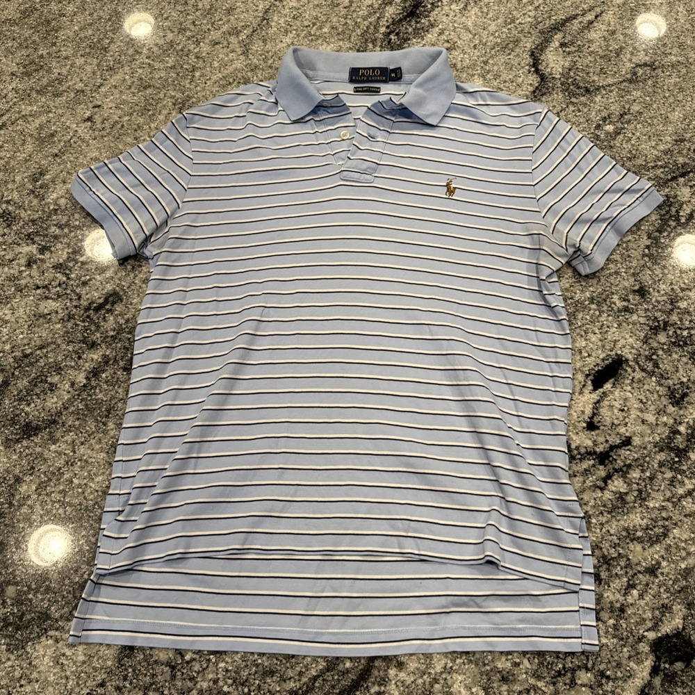 POLO Ralph Lauren Pima Soft Touch Polo Shirt Mens Size M Blue White Striped Pony